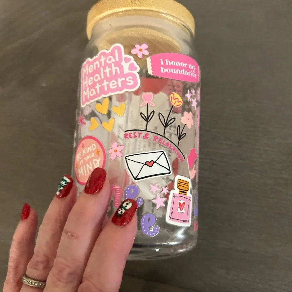 Mental Health Glass Tumbler with lid and straw, Pink Iced Coffee Cup,